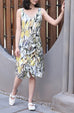 Yellow Print V-neck Ruched Hem High/low Silky Dress