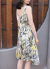 Yellow Print V-neck Ruched Hem High/low Silky Dress