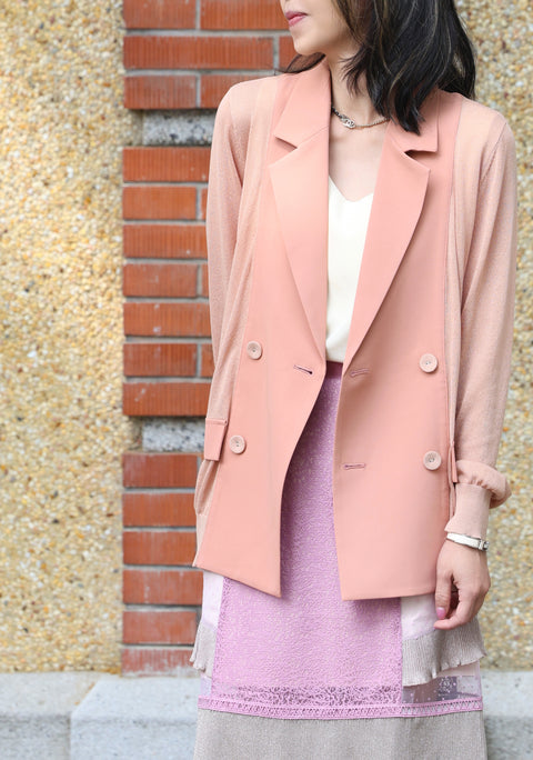 Pink Lightweight Chiffon-Knit Contrast Blazer Cardigan