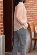 Orange Stripe Pleated Collar Flared Cuff Silky Blouse