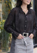 Black/Pink Dots Pleated Collar Flared Cuff Silky Blouse