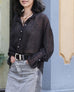 Black/Pink Dots Pleated Collar Flared Cuff Silky Blouse