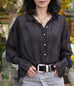 Black/Pink Dots Pleated Collar Flared Cuff Silky Blouse