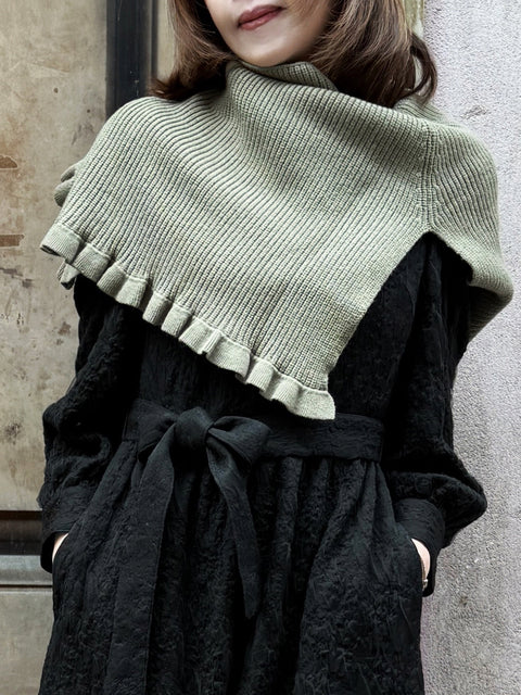 Misty Sage Ruffle Trims High Neck Knitted Cape Warmer