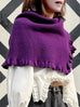 Bold Purple Ruffle Trims High Neck Knitted Cape Warmer