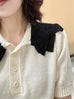 Ivory Linen-Blend Contrast Collar Short-sleeves Knit Top