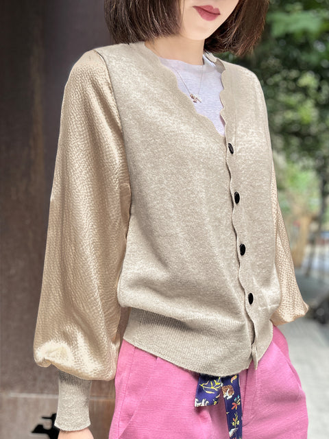 Beige Silky Balloon Sleeves Cashmere Woollen Scalloped Cardigan