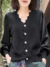 Black Silky Balloon Sleeves Cashmere Woollen Scalloped Cardigan