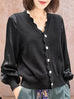 Black Silky Balloon Sleeves Cashmere Woollen Scalloped Cardigan