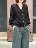 Black Silky Balloon Sleeves Cashmere Woollen Scalloped Cardigan