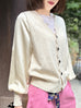 Ivory Silky Balloon Sleeves Cashmere Woollen Scalloped Cardigan