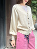 Ivory Silky Balloon Sleeves Cashmere Woollen Scalloped Cardigan