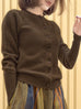 Khaki Brown Pointelle Stitches Cashmere Wool Blend Cardigan