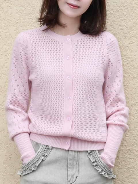 Soft Pink Pointelle Stitches Cashmere Wool Blend Cardigan