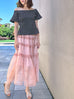 Pink Stars Ruffle Tiers Chiffon Airy Maxi Skirt