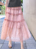 Pink Stars Ruffle Tiers Chiffon Airy Maxi Skirt