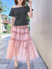 Pink Stars Ruffle Tiers Chiffon Airy Maxi Skirt