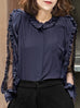 Purplish Navy Mesh Layered Sleeve Ruffle Luxe Silk Blouse