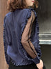 Purplish Navy Mesh Layered Sleeve Ruffle Luxe Silk Blouse