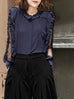 Purplish Navy Mesh Layered Sleeve Ruffle Luxe Silk Blouse