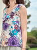 Purple Floral Print Partial Ruffle Collar Silk Tank