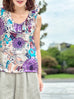 Purple Floral Print Partial Ruffle Collar Silk Tank