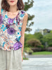 Purple Floral Print Partial Ruffle Collar Silk Tank