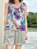 Purple Floral Print Partial Ruffle Collar Silk Tank