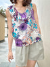 Purple Floral Print Partial Ruffle Collar Silk Tank