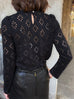 Black Ruffle Collared Openwork Cotton Blend Knitted Top