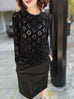 Black Ruffle Collared Openwork Cotton Blend Knitted Top