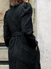 Black Jacquard Sash Tie Puff-Sleeve Elegant Midi Dress