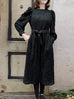 Black Jacquard Sash Tie Puff-Sleeve Elegant Midi Dress