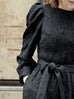 Black Jacquard Sash Tie Puff-Sleeve Elegant Midi Dress