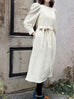 Ecru Jacquard Sash Tie Puff-Sleeve Elegant Midi Dress