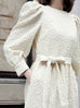 Ecru Jacquard Sash Tie Puff-Sleeve Elegant Midi Dress