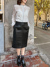 Black Vegan Leather Ruffled Back Knee Length Fitted Skirt