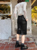 Black Vegan Leather Ruffled Back Knee Length Fitted Skirt