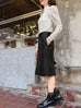 Black Vegan Leather Ruffled Back Knee Length Fitted Skirt