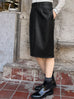 Black Vegan Leather Ruffled Back Knee Length Fitted Skirt