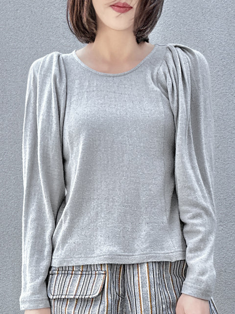 Surprise Sale! Grey Lurex Round Collar Pleated Shoulder Knit Top