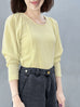 Yellow Lurex Round Collar Pleated Shoulder Knit Top