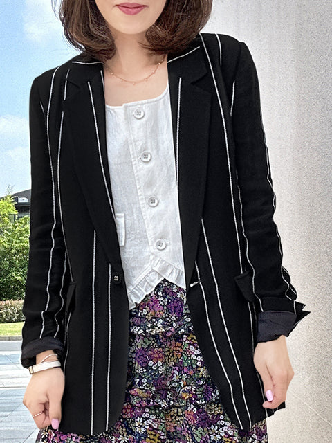 Striped Patch Pocket Single Button Longline Blazer