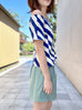 Blue Striped Side Zip Off-the-Shoulder Darted Top