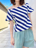 Blue Striped Side Zip Off-the-Shoulder Darted Top