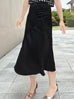 Lustrous Black Layered Waist A-line Silky Midi Skirt