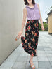 Black Floral Layered Waist A-line Breezy Midi Skirt