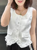 Crisp White Linen Blend Ruffle Waistcoat Top