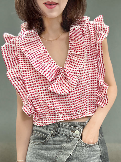 Red Check Double Breasted Ruffles V-neck Crop Top