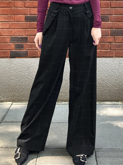 Black Checks Pleated Ruffle Pocket Wide Leg Trousers